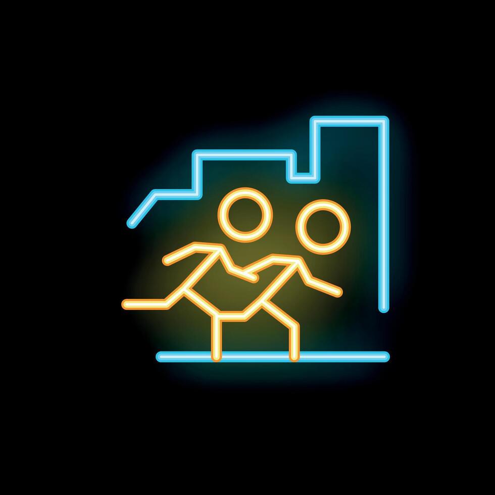 Neon sign of two people running away from city buildings vector