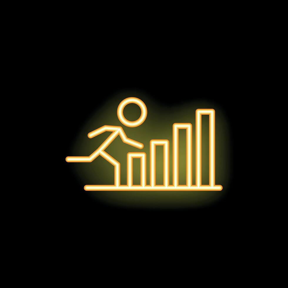 Businessman climbing neon style bar chart icon representing career growth vector