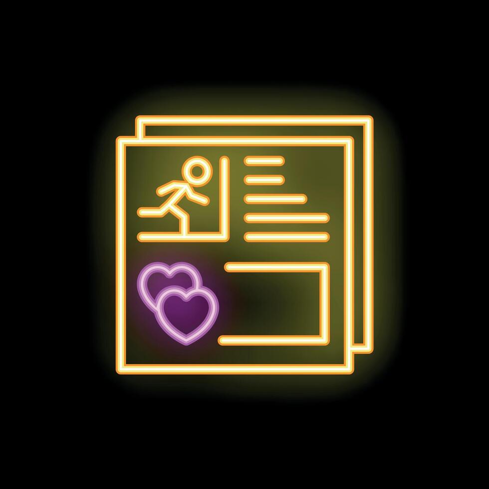 Neon icon of documents for marriage registration with hearts and stick figure vector
