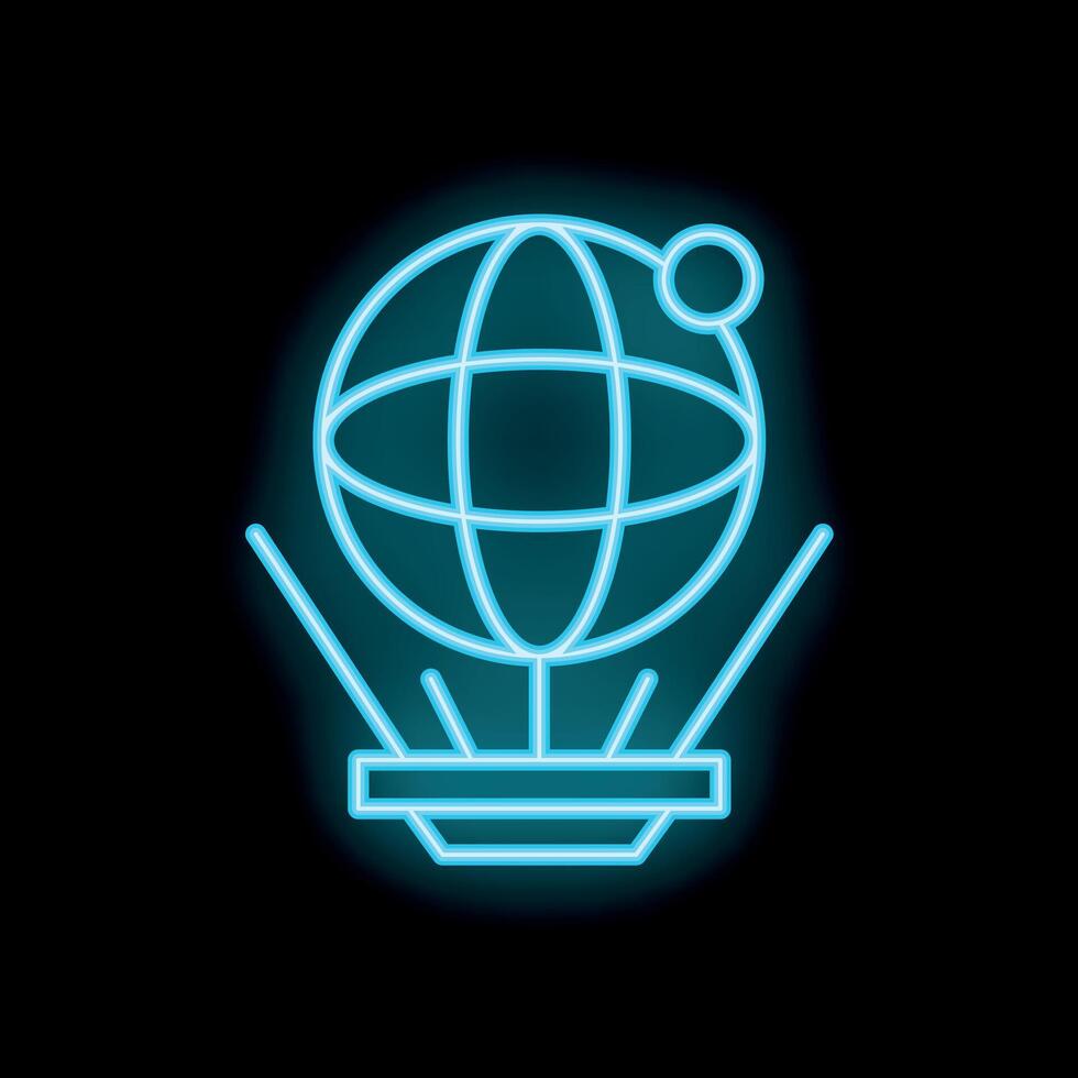 Neon icon of globe floating over platform with satellite orbiting above vector