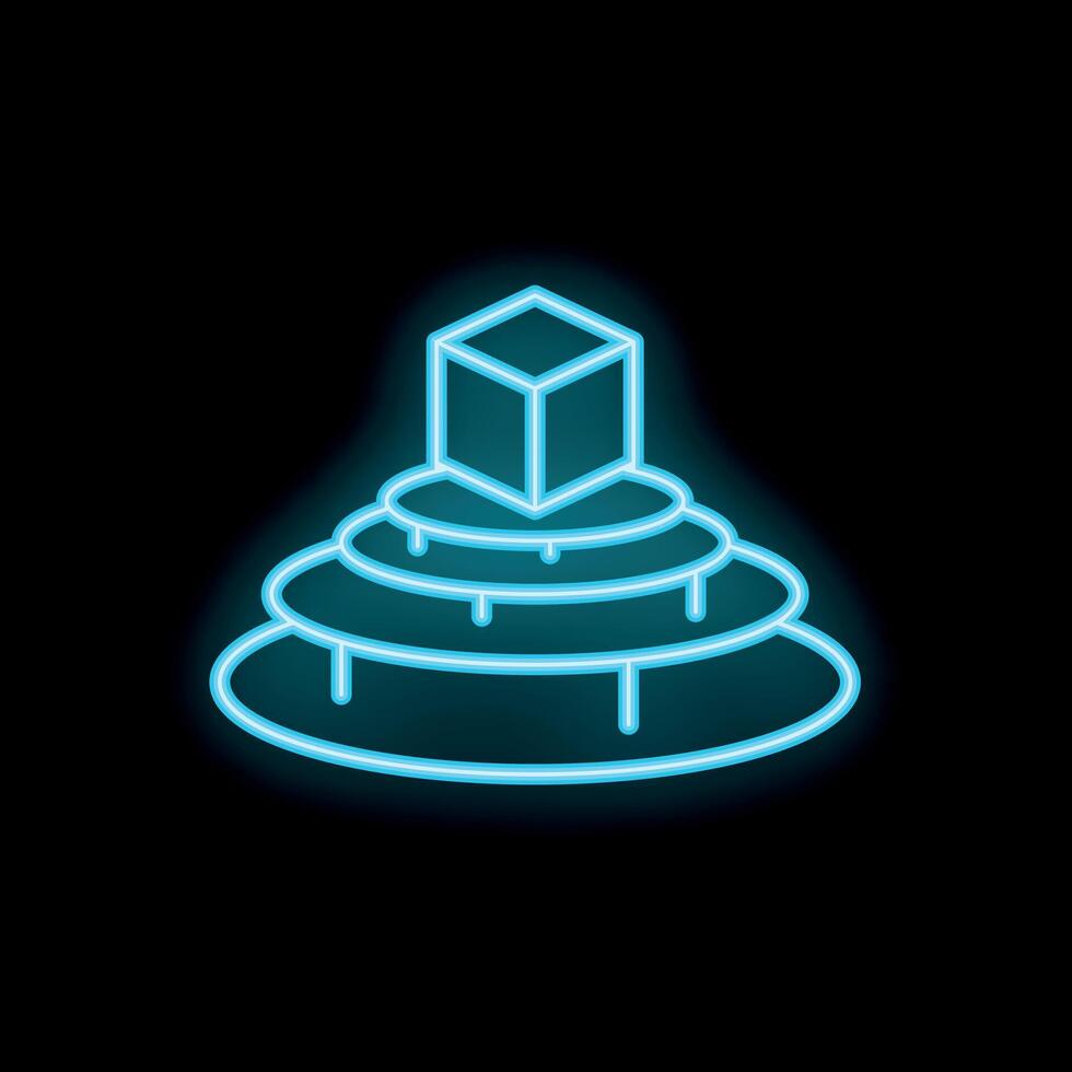 Neon blue light showing cube floating over round levels on black background vector