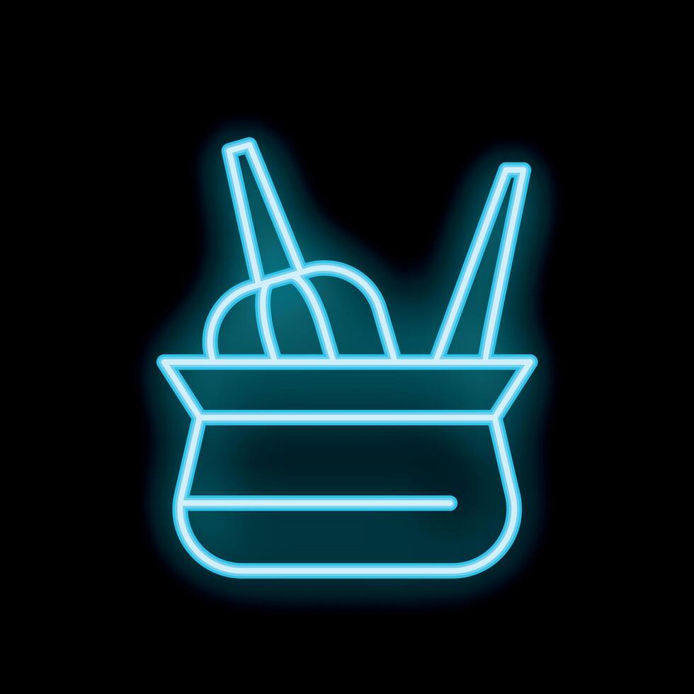 Blue neon sign of a bag with knitting needles and yarn balls sticking out of it on a black background vector
