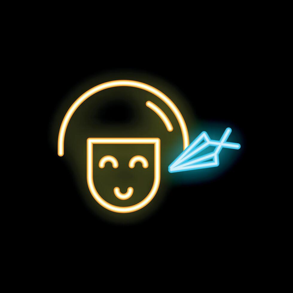 Neon sign of happy face dreaming about traveling by plane vector