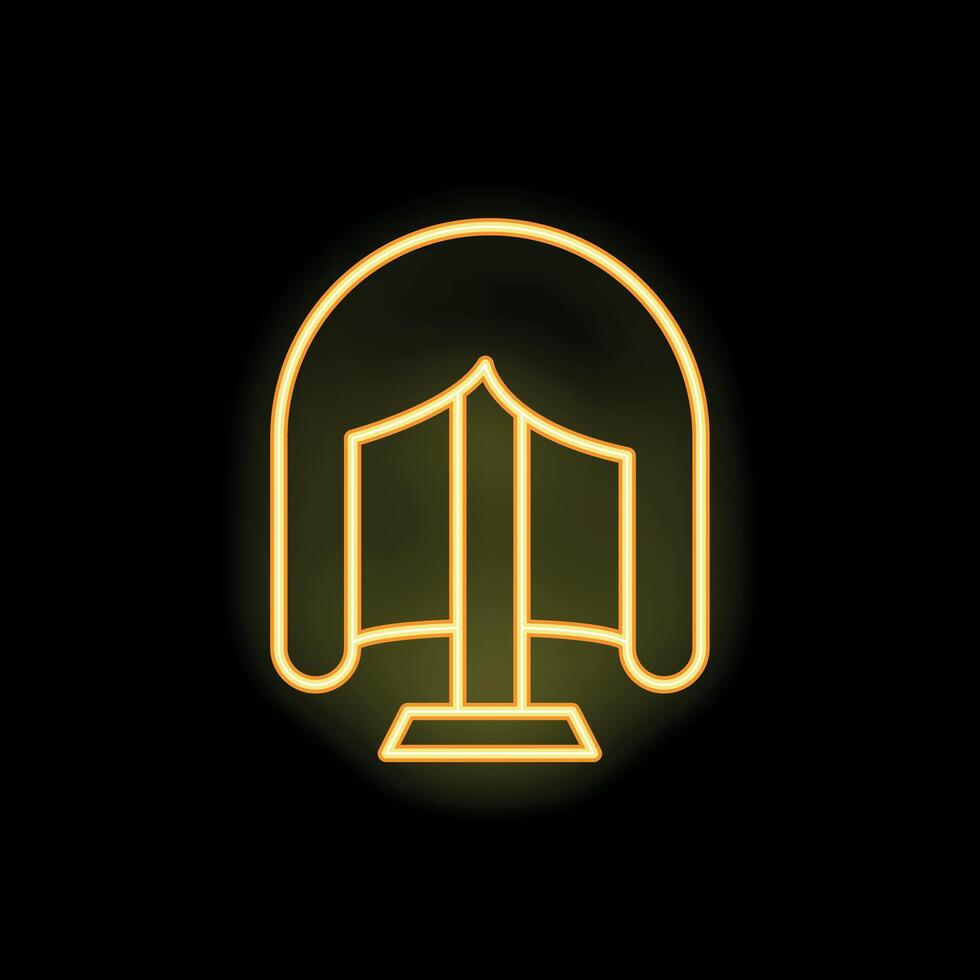 Neon icon of judge wig with curved sides on stand glowing yellow vector