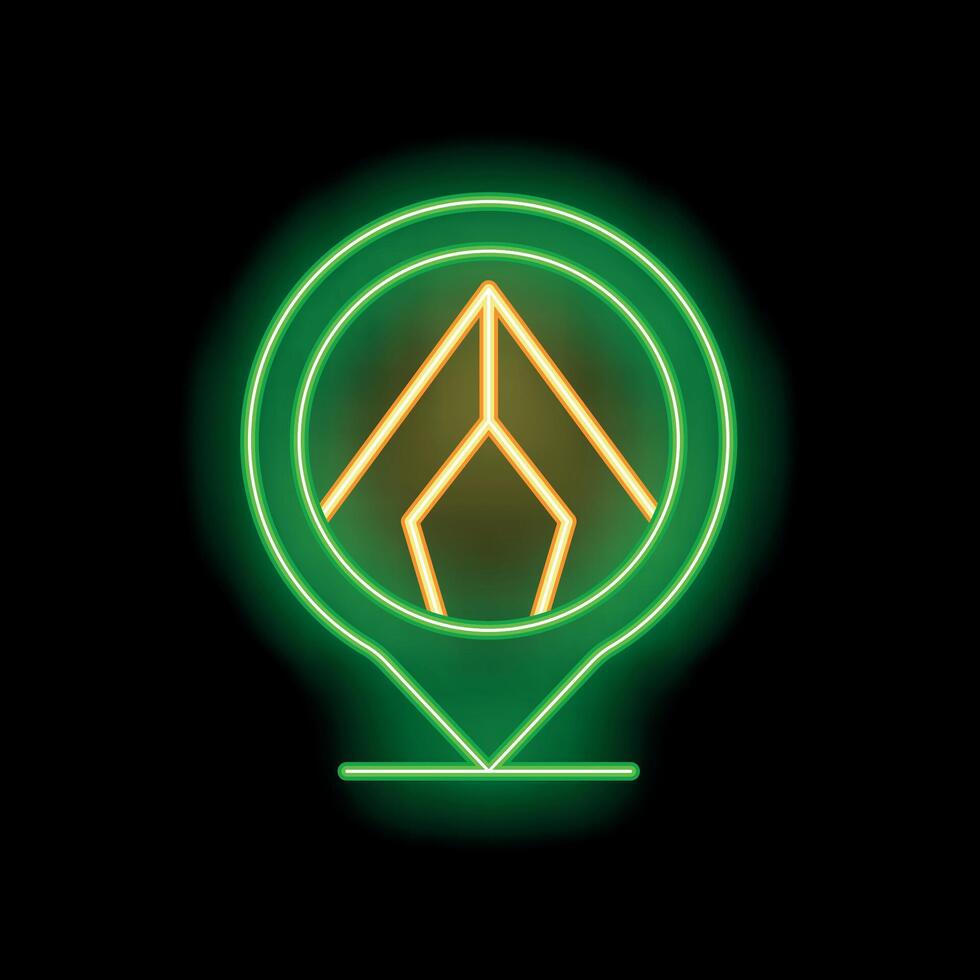 Neon green glowing gps icon showing camping tent location vector