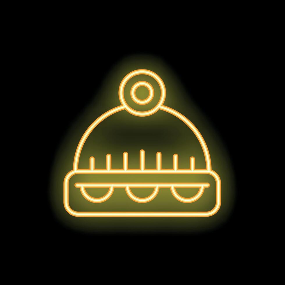 Yellow neon sign of a woolen winter hat with pompom on black background vector