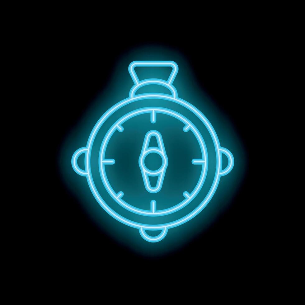 Blue neon sign showing a compass on black background vector