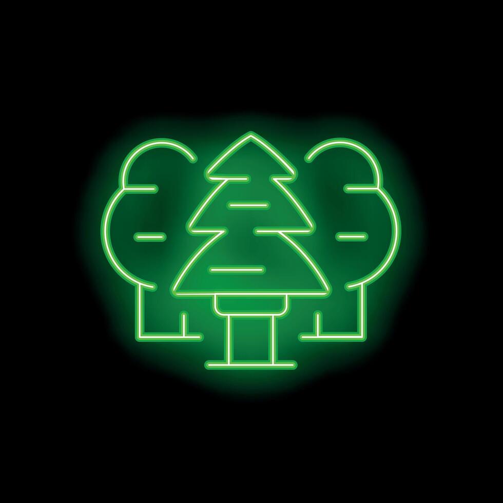 Green neon sign of coniferous tree surrounded by deciduous trees on black background vector