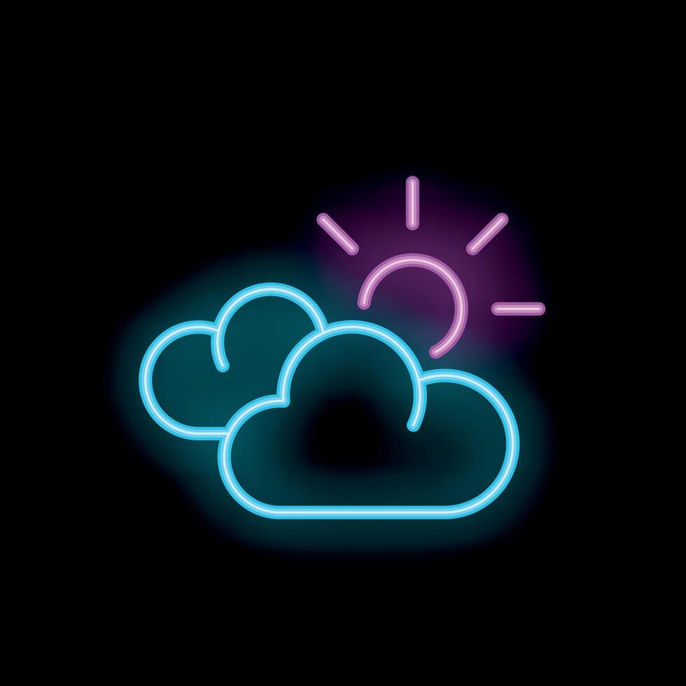 Neon sun shining through clouds on a black background vector