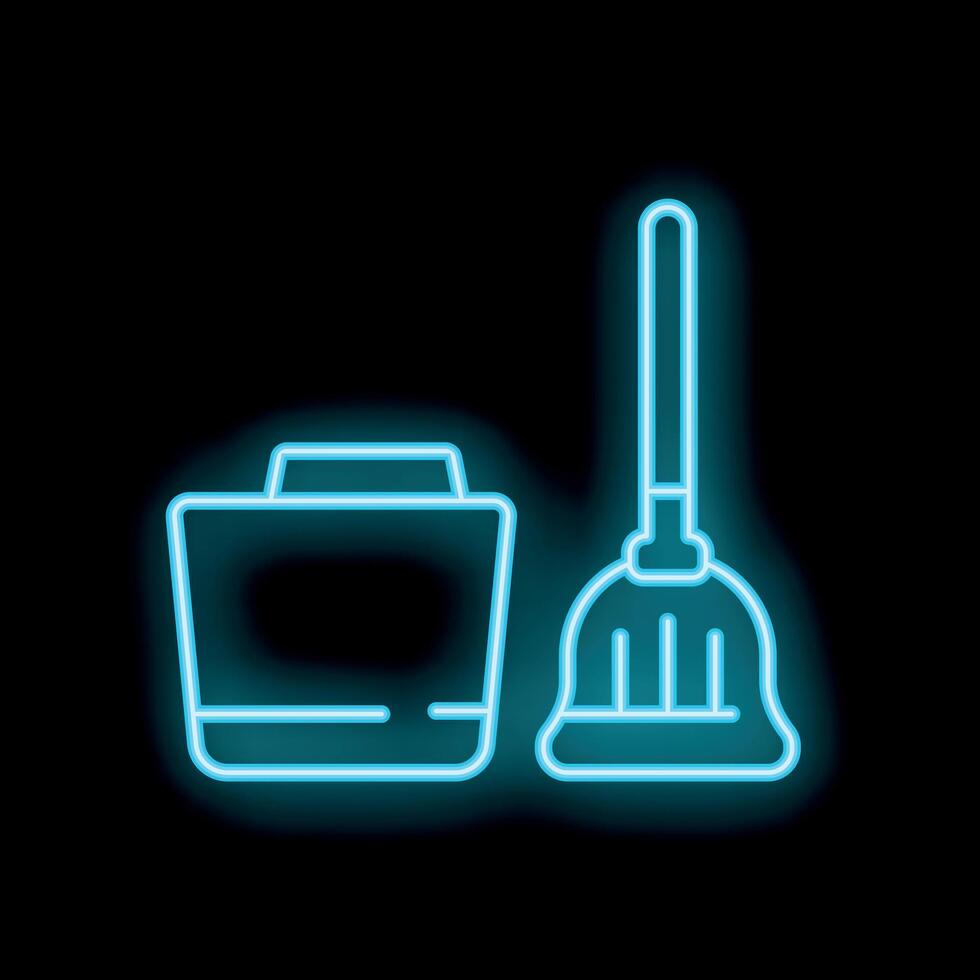 Glowing neon line trash can and broom icon on black background vector