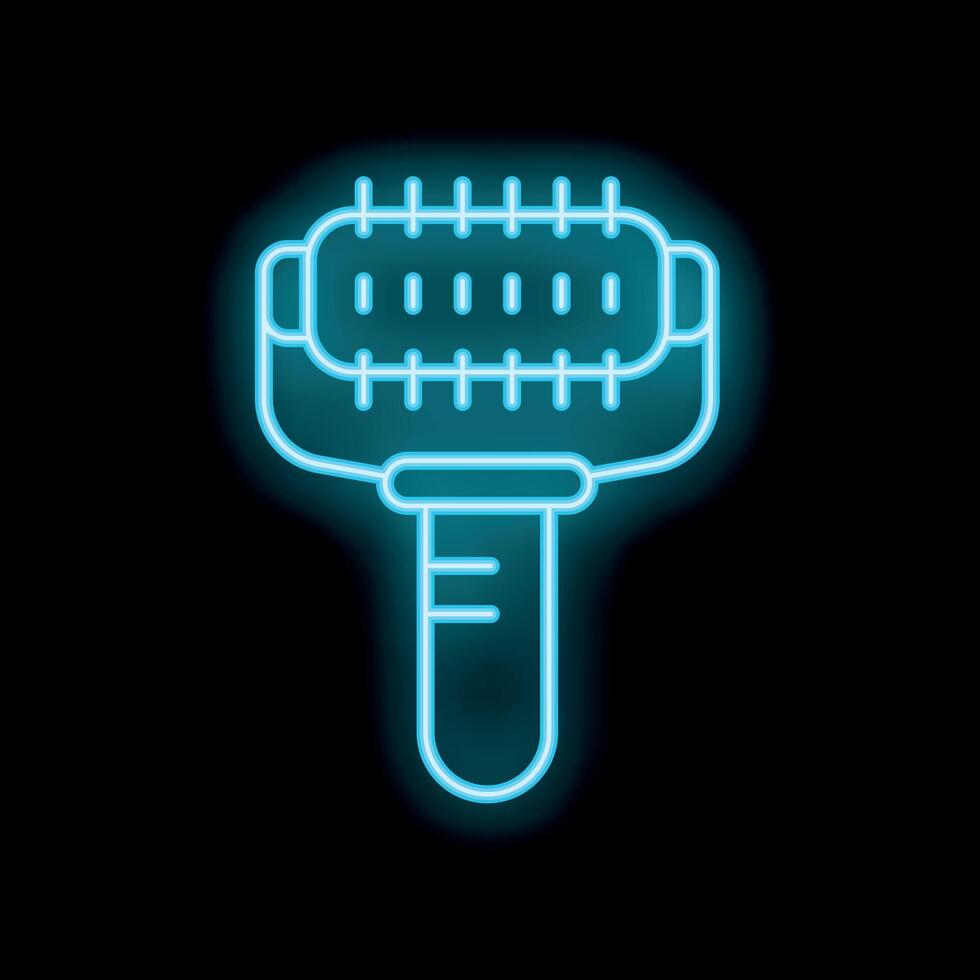 Blue neon icon of an electric lint remover cleaning fabric on black background vector