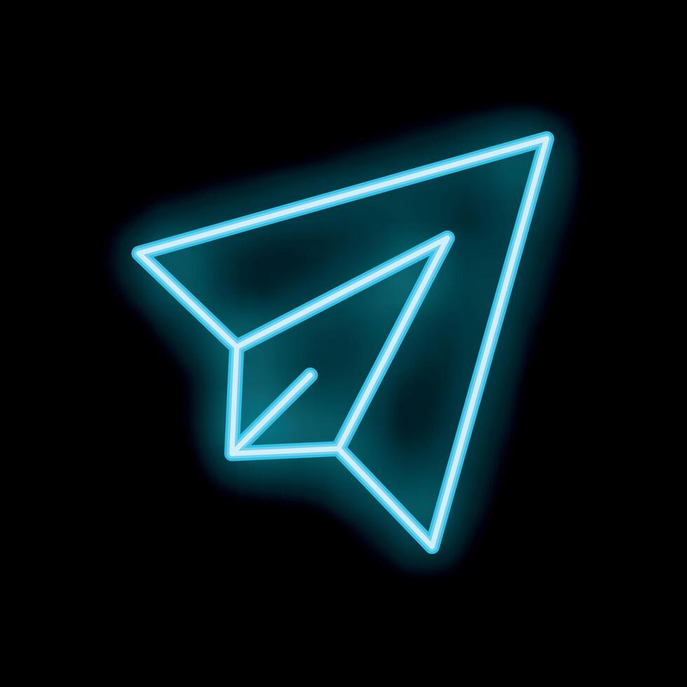 Blue neon sign of paper plane flying on black background vector