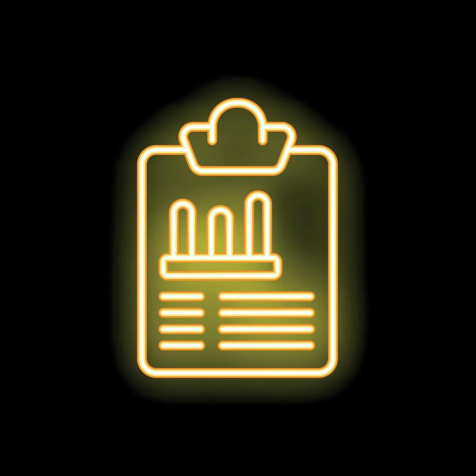 Yellow neon clipboard showing growing chart on black background vector