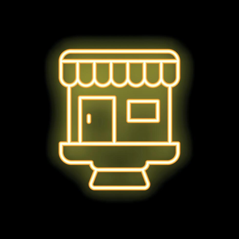 Yellow neon sign depicting a store building with awning, door, and window on black background vector
