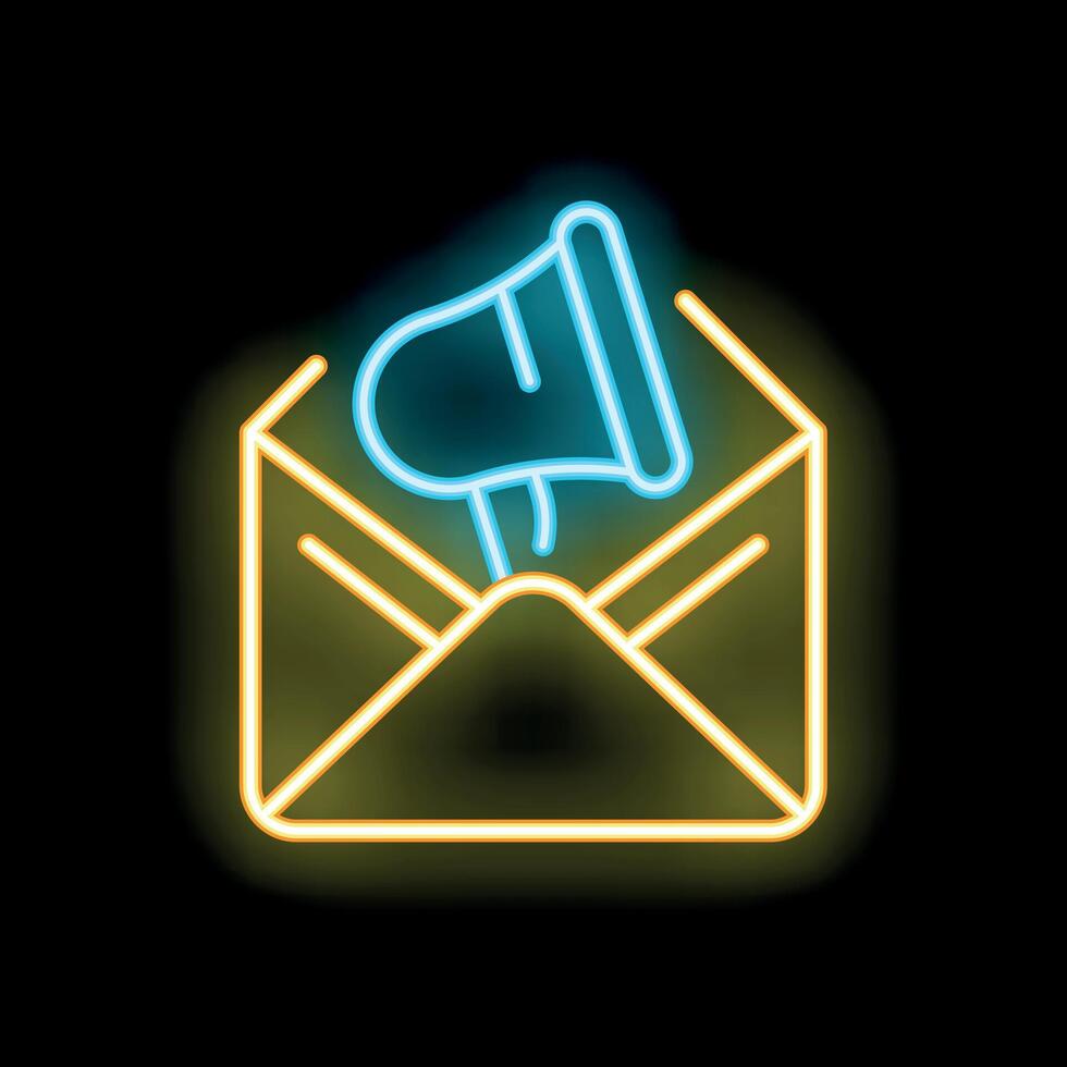 Neon icon of megaphone emerging from open envelope for email marketing campaign vector