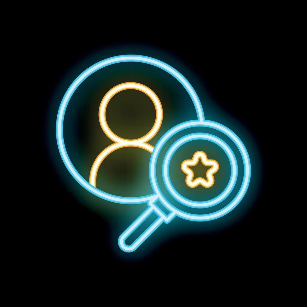Neon icon of magnifying glass choosing best candidate for job position vector