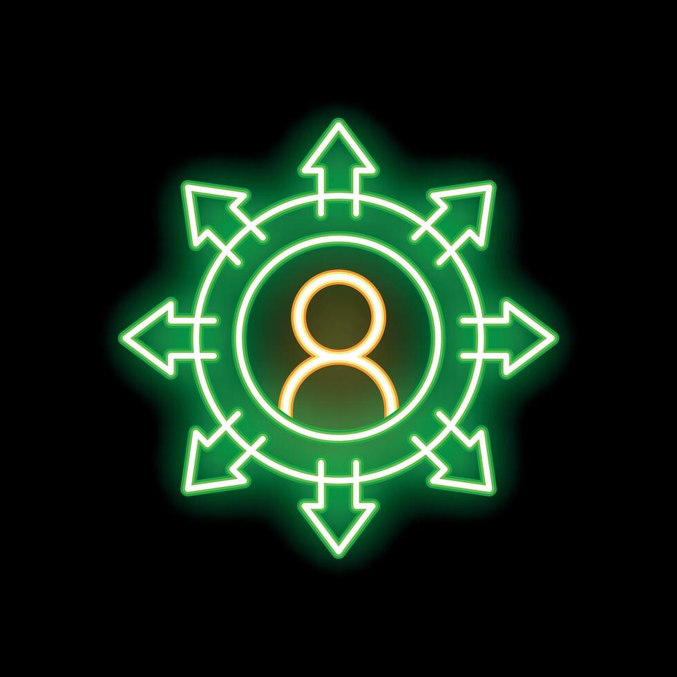 Neon icon of person with arrows pointing in different directions representing spreading influence vector