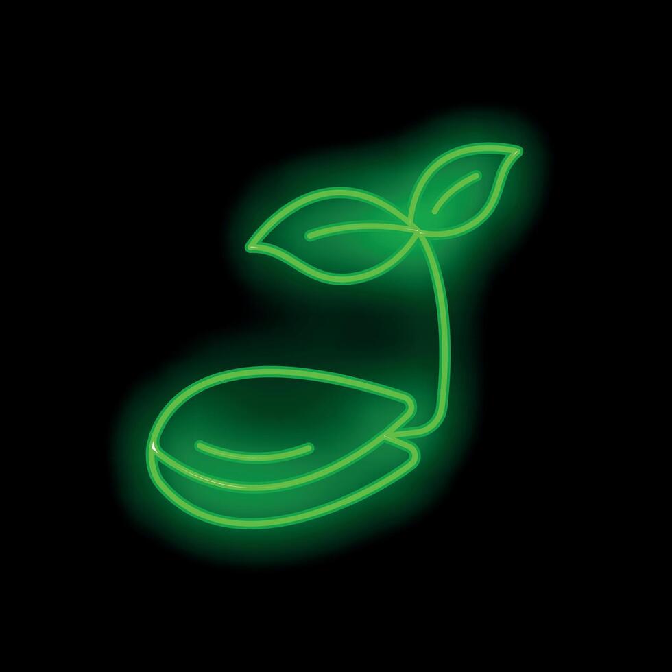 Green neon sprout growing from seed on black background vector