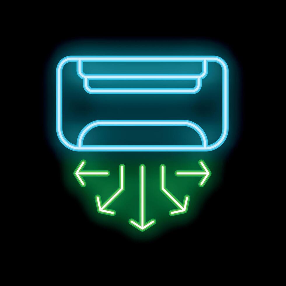 Neon air conditioner blowing cold air icon on black background vector