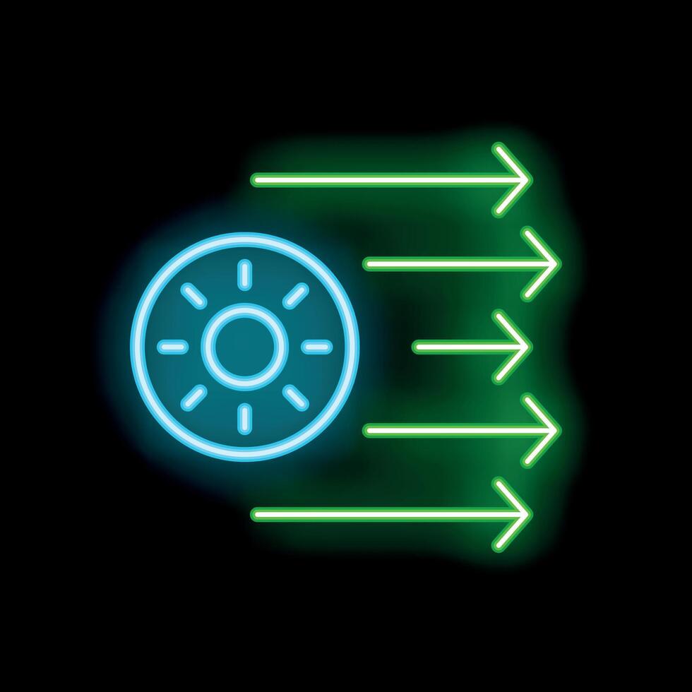 Neon sign showing sun with arrows pointing right on black background vector