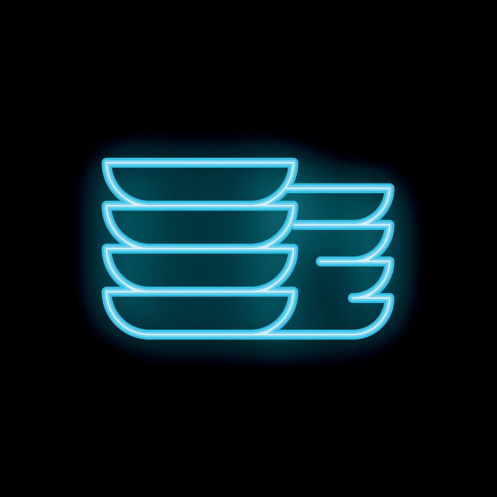 Bright blue neon sign showing stack of plates on black background vector