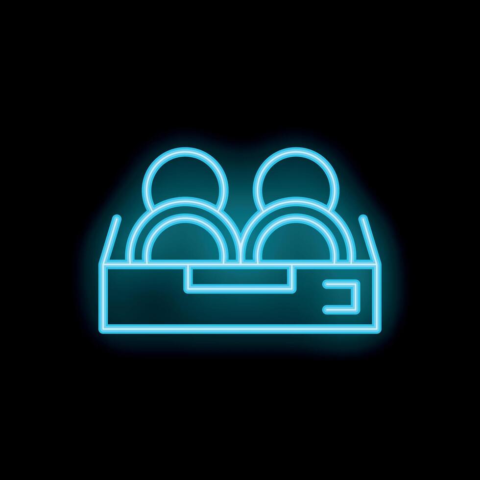 Neon icon of plates stacked in cardboard box for moving vector