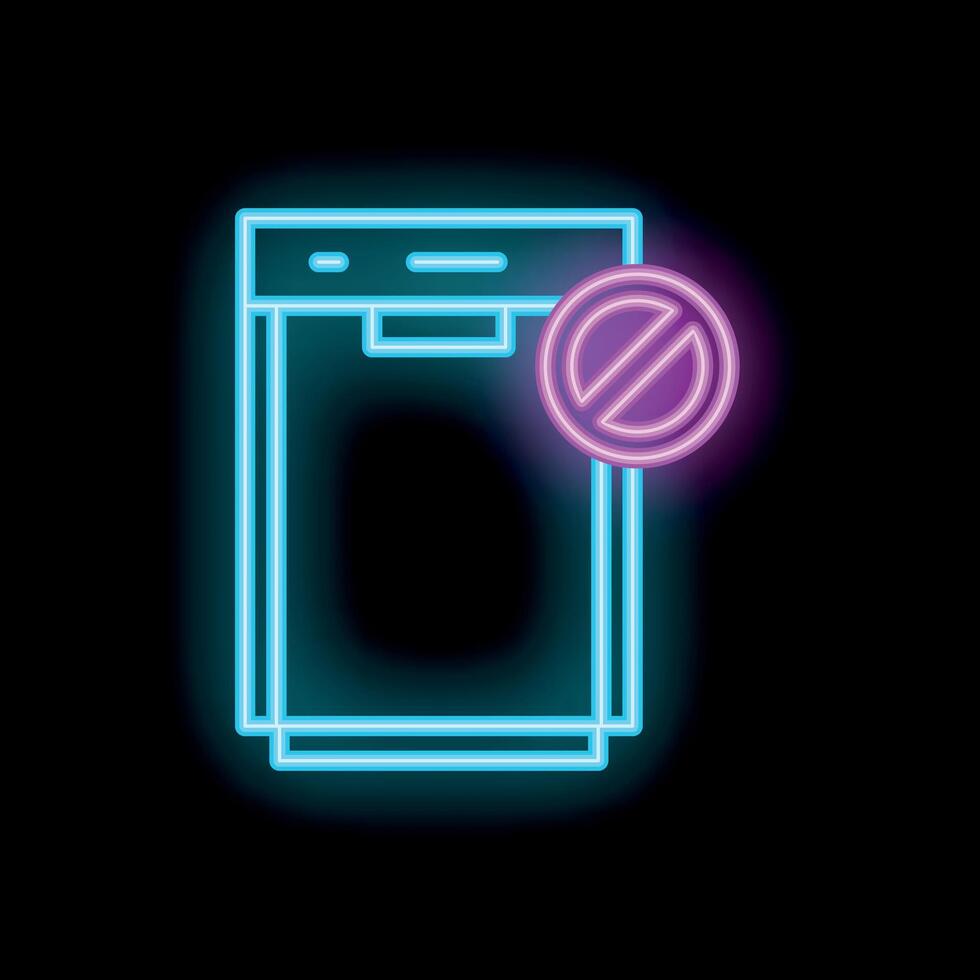 Neon sign of a dishwasher with a prohibition sign displaying using restriction vector
