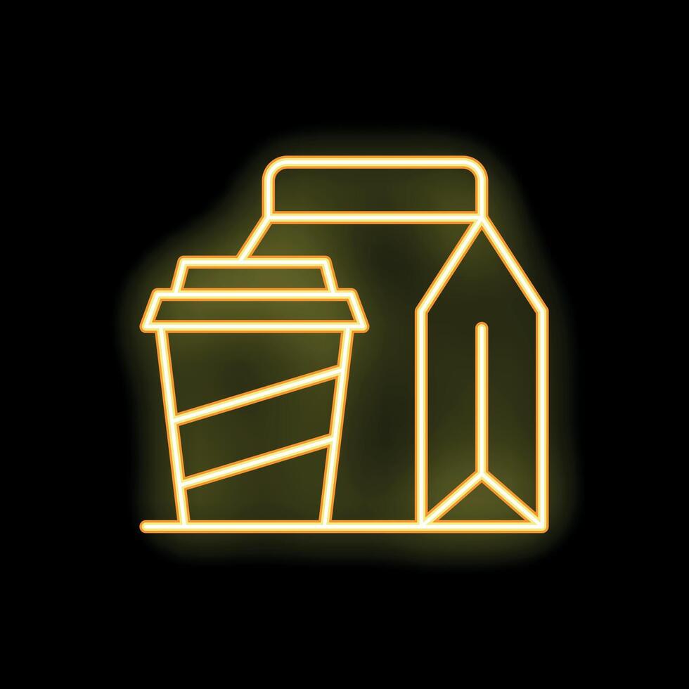 Neon sign showing paper coffee cup and take away food box vector