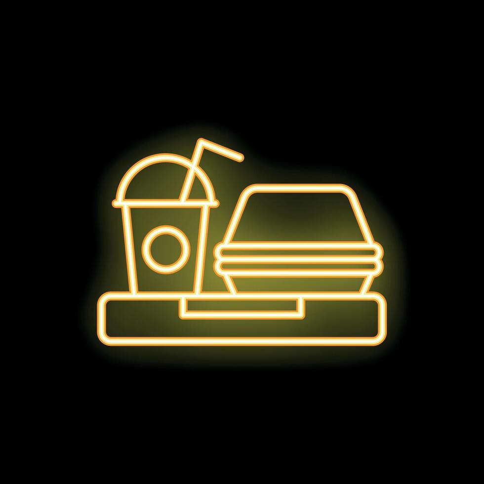 Glowing neon sign depicting fast food meal with drink and burger in box vector