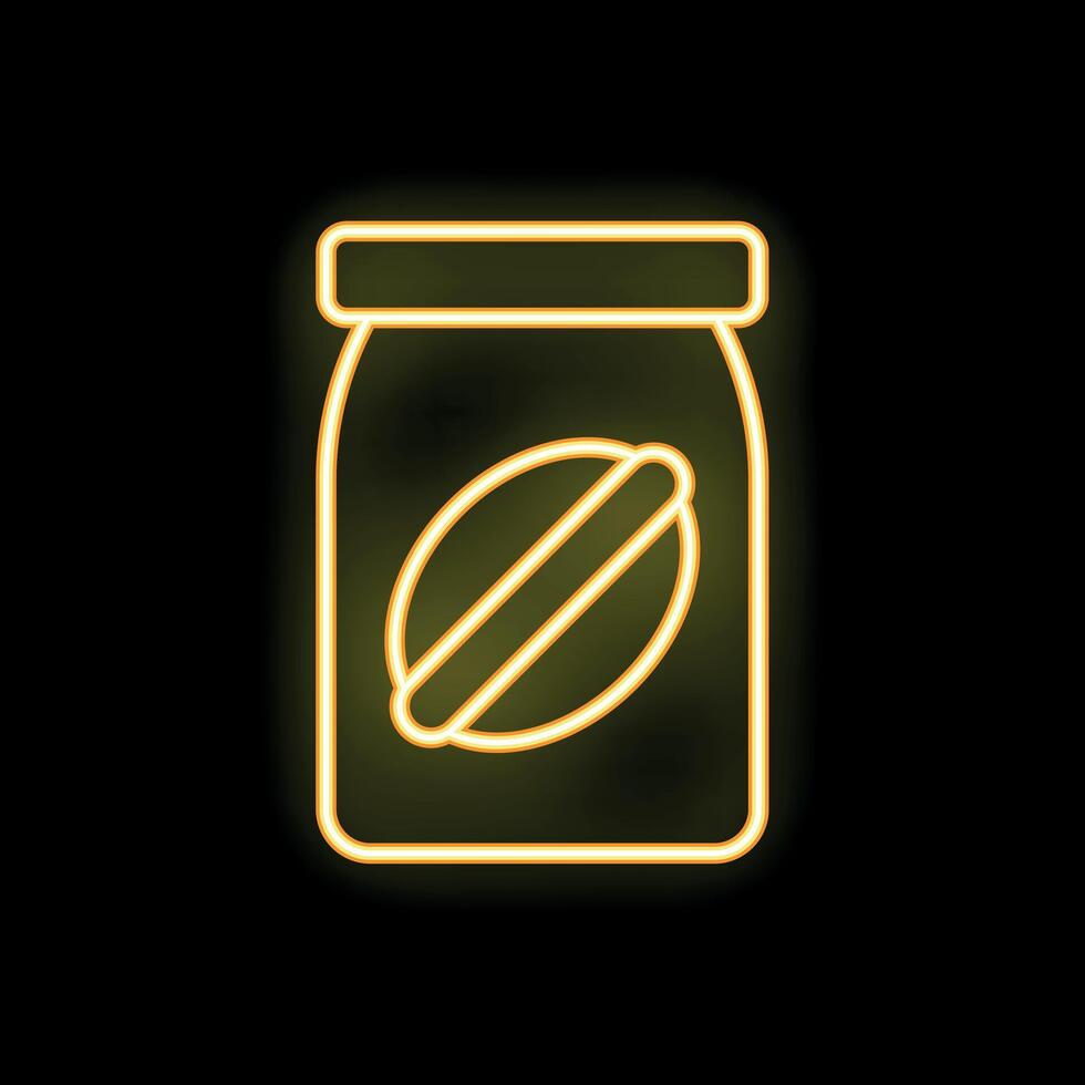 Yellow neon sign of a coffee package with coffee bean over black background vector