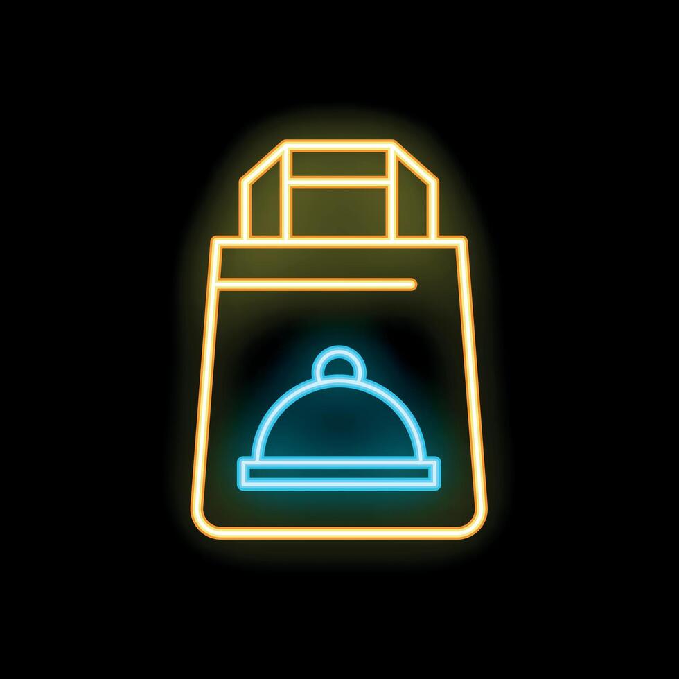 Neon food delivery bag icon glowing on dark background vector