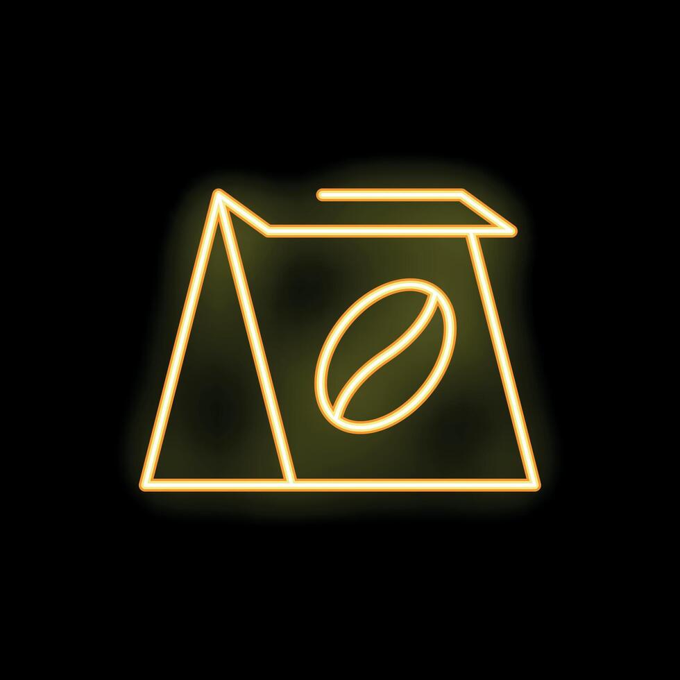 Yellow neon sign showing a coffee bag with a coffee bean inside vector