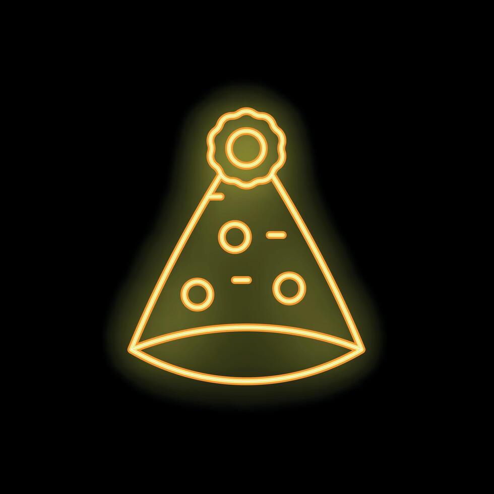 Yellow neon sign of a festive party hat shining on black background vector