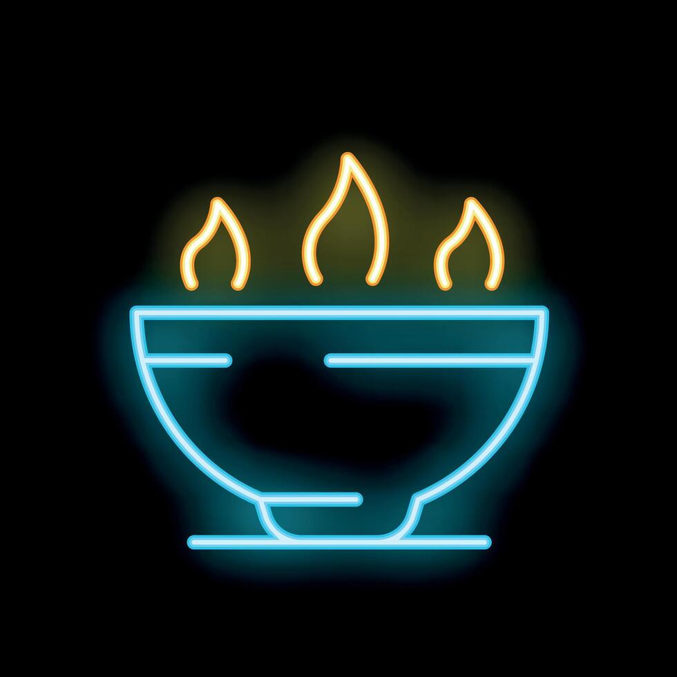 Blue neon sign of a steaming hot bowl of soup on a black background vector