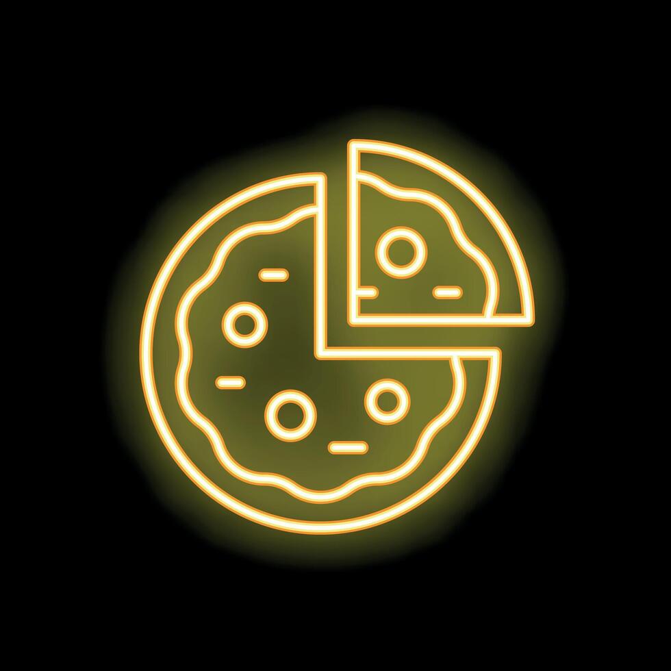Round pizza with one slice separated glowing neon icon vector