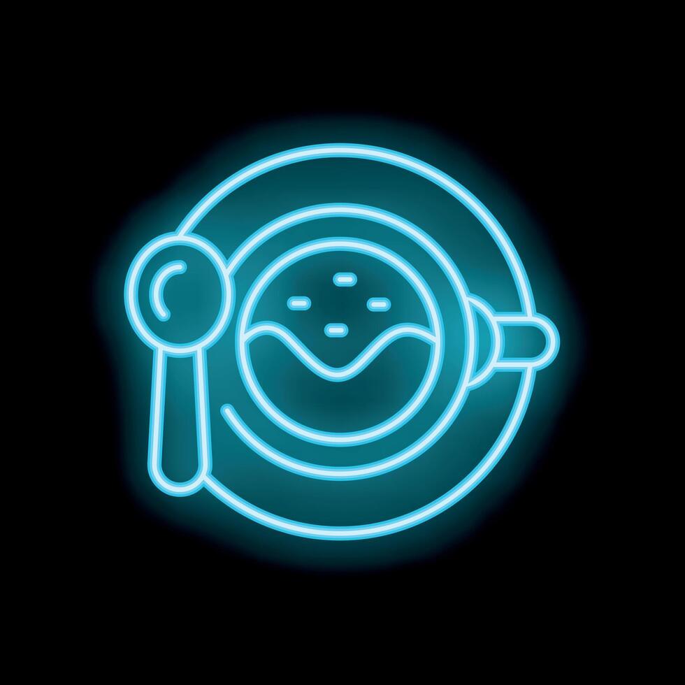 Blue neon sign of a bowl of soup with a spoon on a plate vector