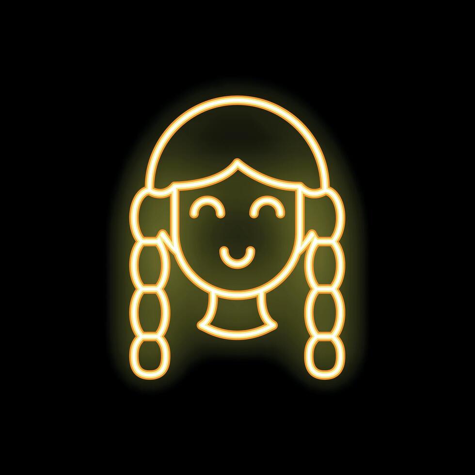 Neon sign of smiling girl with braids on black background vector