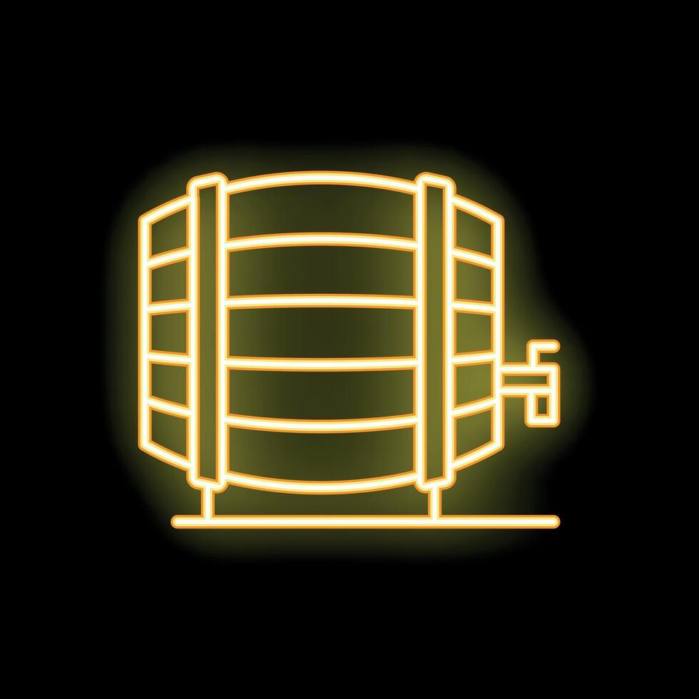 Neon yellow wooden barrel with tap glowing on black background vector