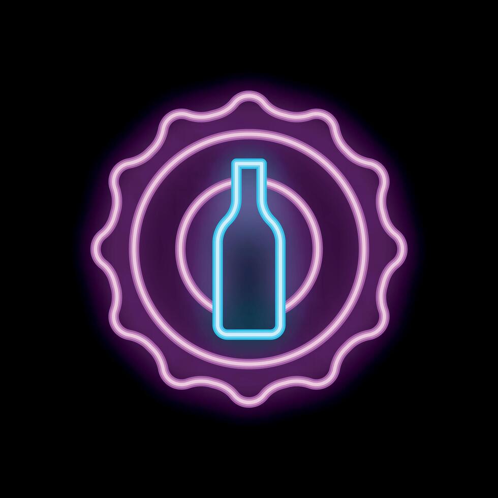 Neon bottle cap sign with glowing bottle on black background vector