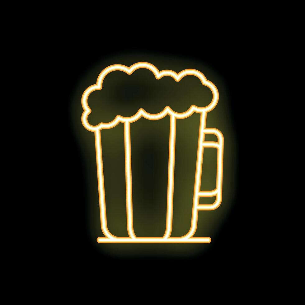 Yellow neon sign showing a beer glass with foam on black background vector