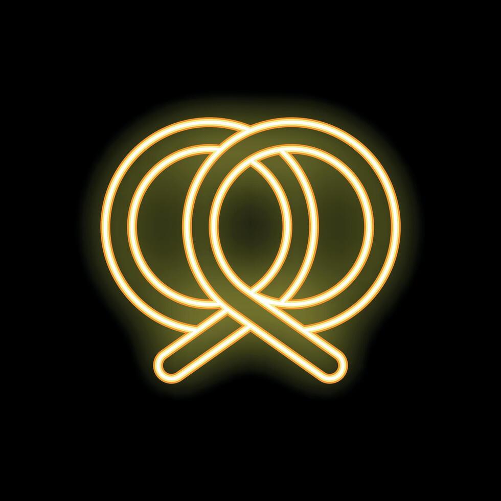 Yellow neon sign shaped like a pretzel on black background vector