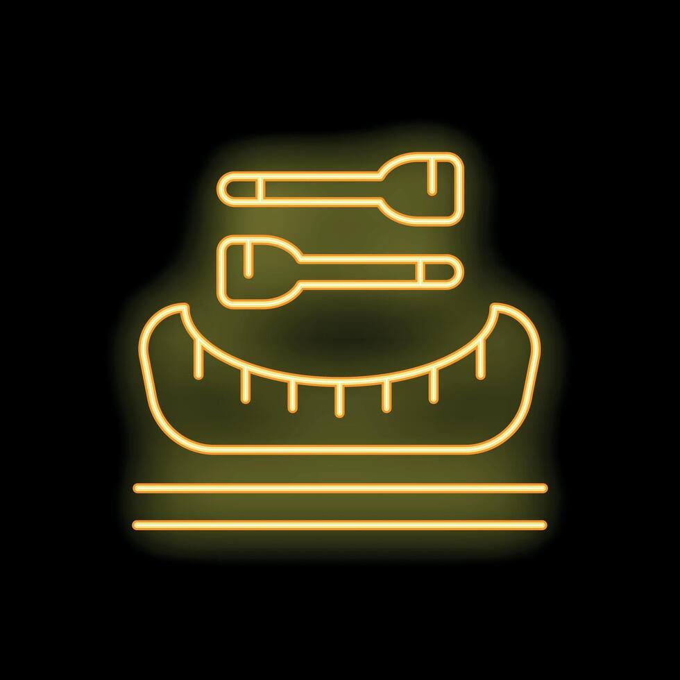 Yellow neon sign of kayak with paddles for rafting or canoeing trip vector