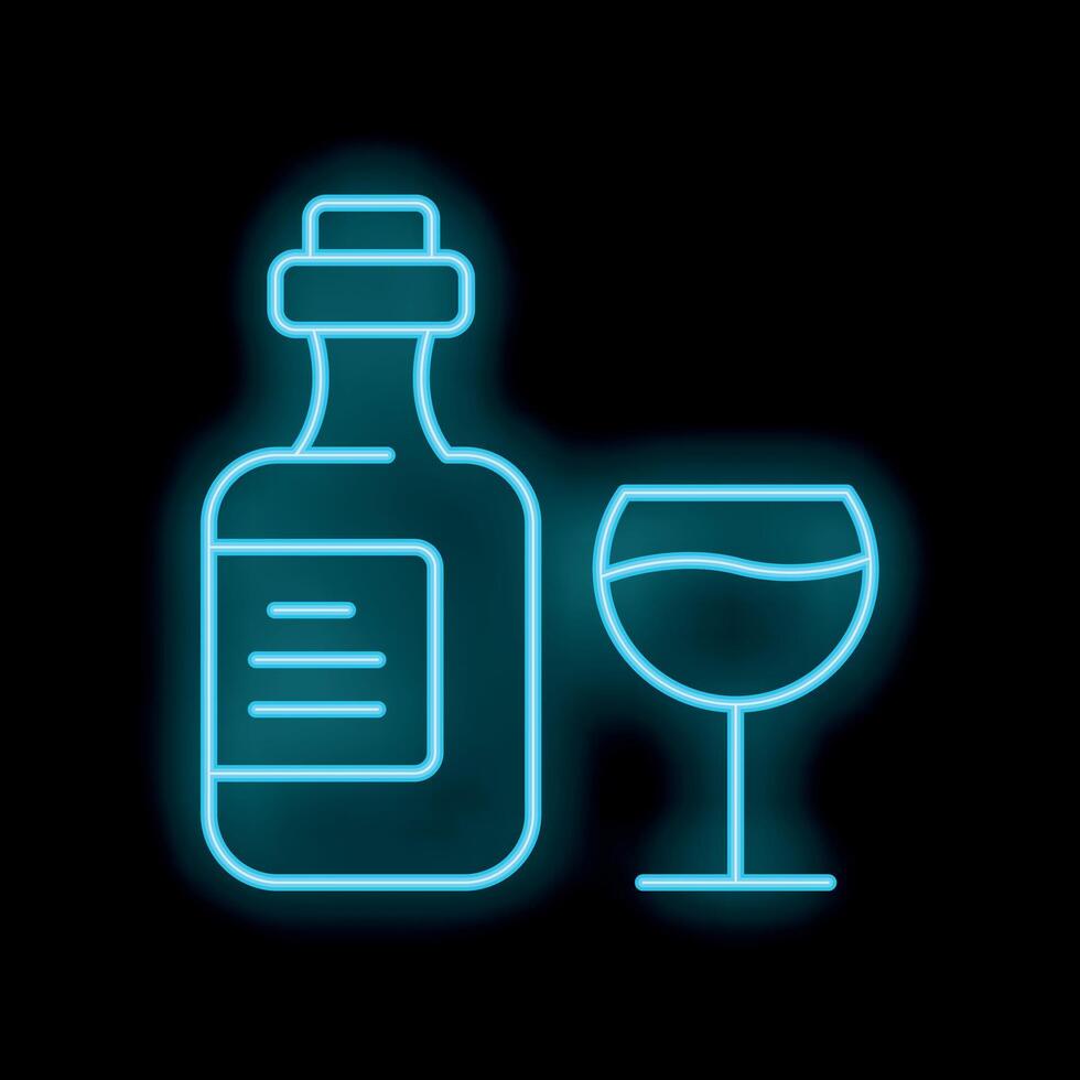 Glowing neon sign depicting wine bottle and glass on black background vector