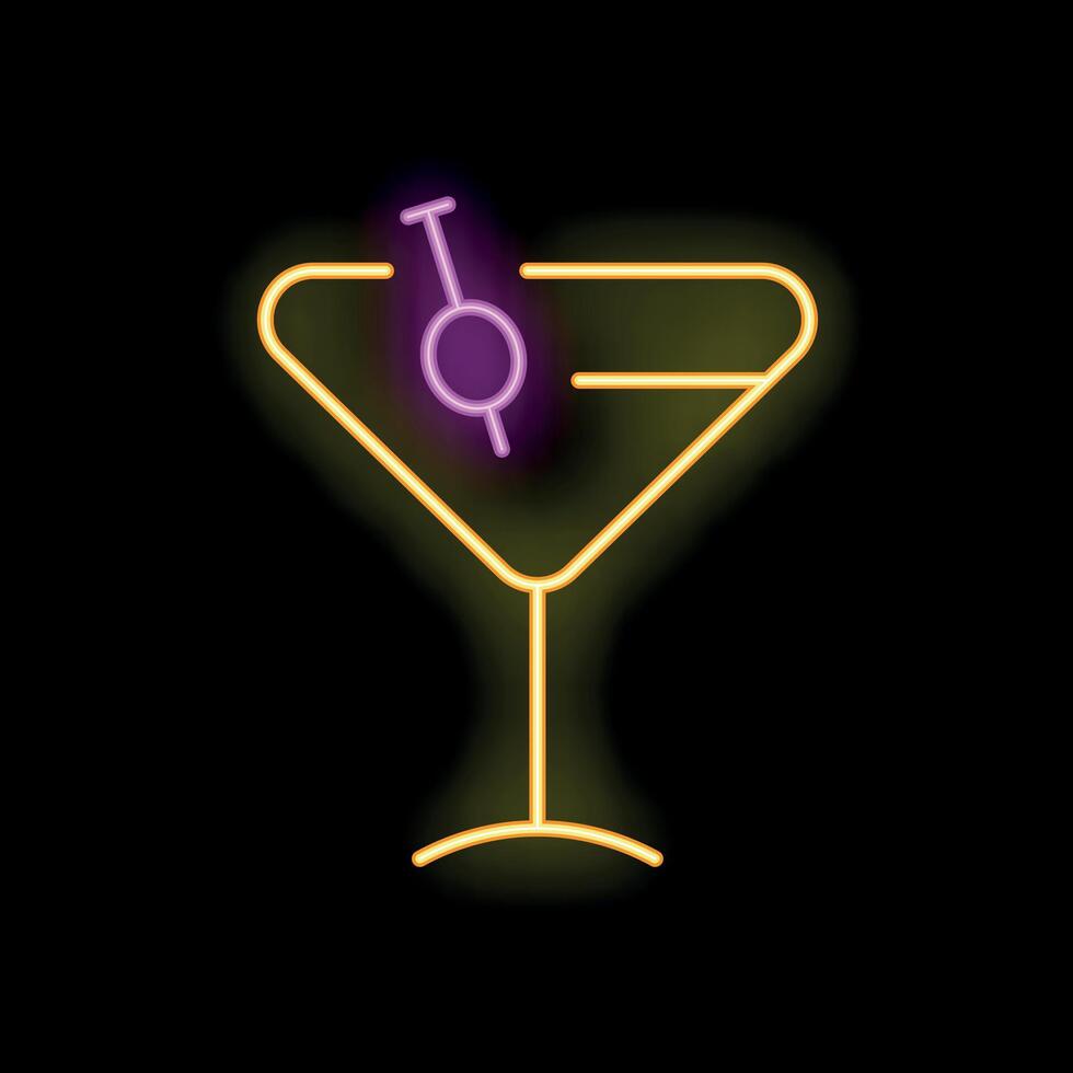 Bright neon sign showing a cocktail glass with an olive vector