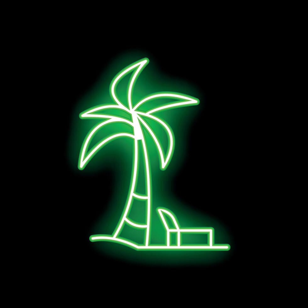 Green neon sign depicting palm tree and beach chair on black background vector