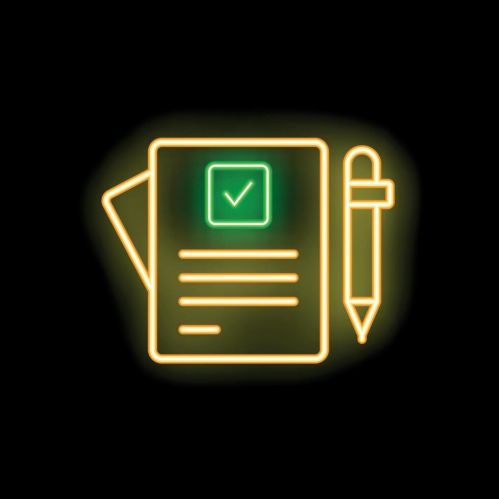 Neon sign representing validated document with a pen on black background vector