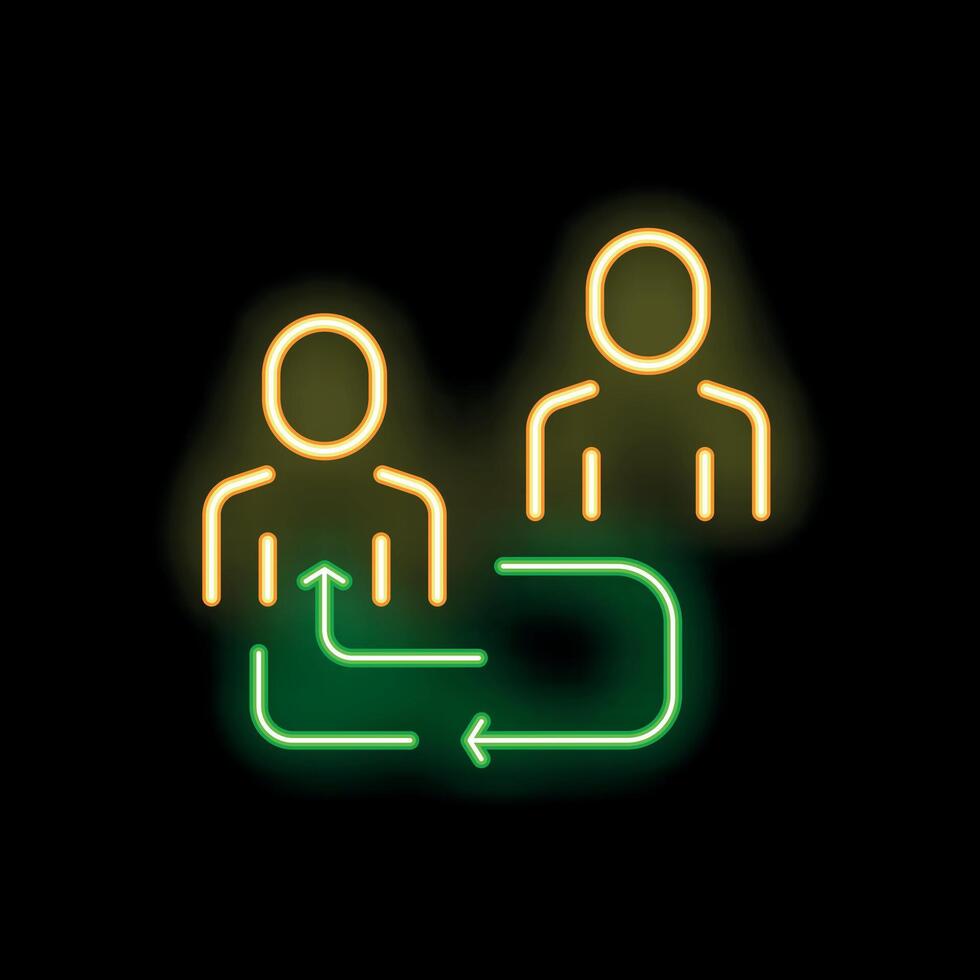 Neon icon of two people exchanging information with arrows vector