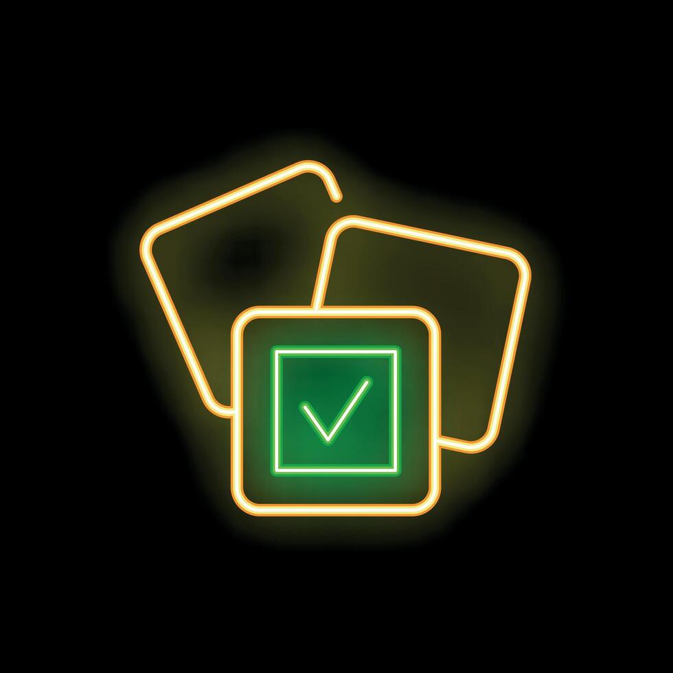 Neon glowing icon of a check mark inside a square overlapped by two other squares vector