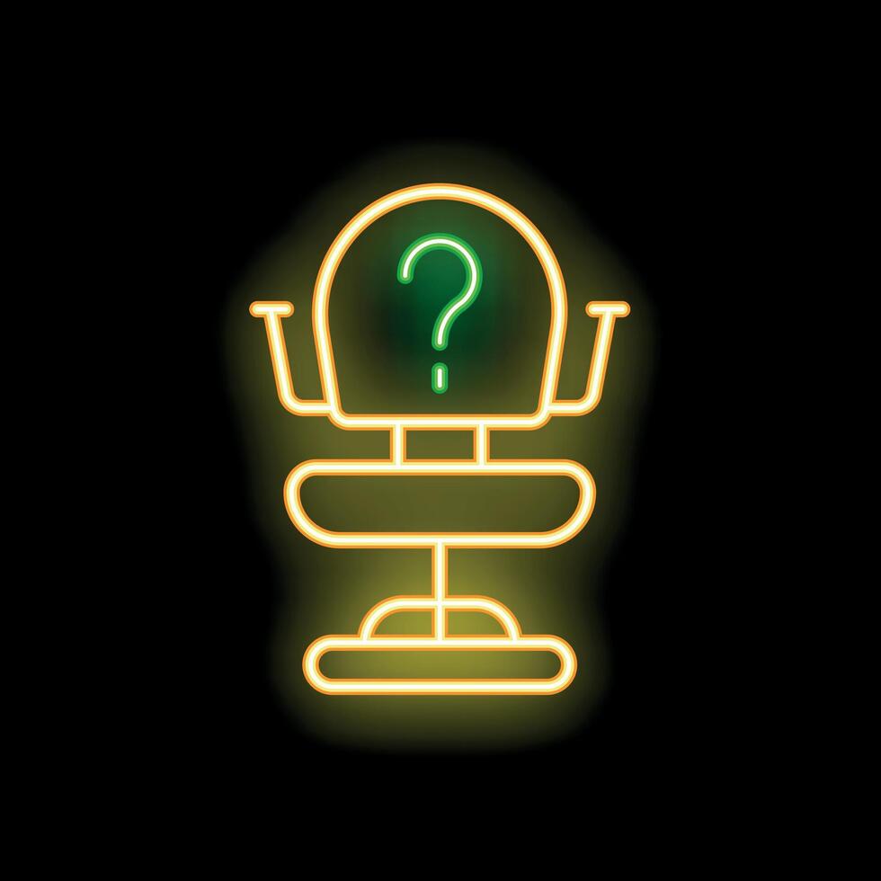 Neon glowing question mark over empty office chair on black background vector