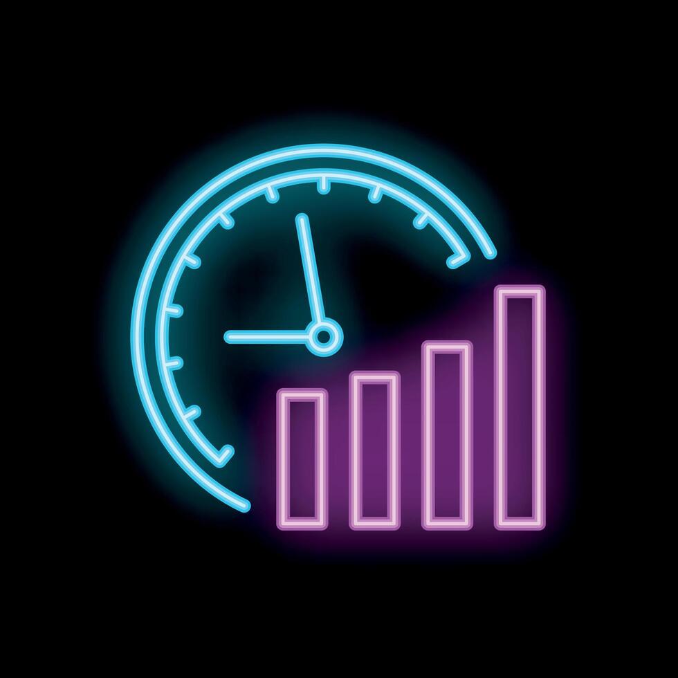 Neon sign showing clock and bar chart on black background vector